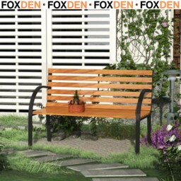 2 Seater Garden Bench Steel Wooden Slatted Seat Backrest Patio Chair