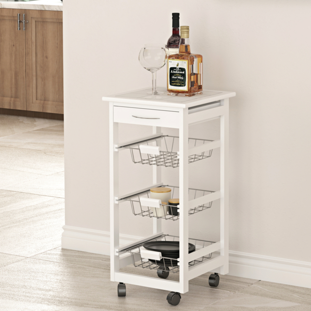 Rolling Kitchen Island Trolley Serving Cart White Tile Top Drawer