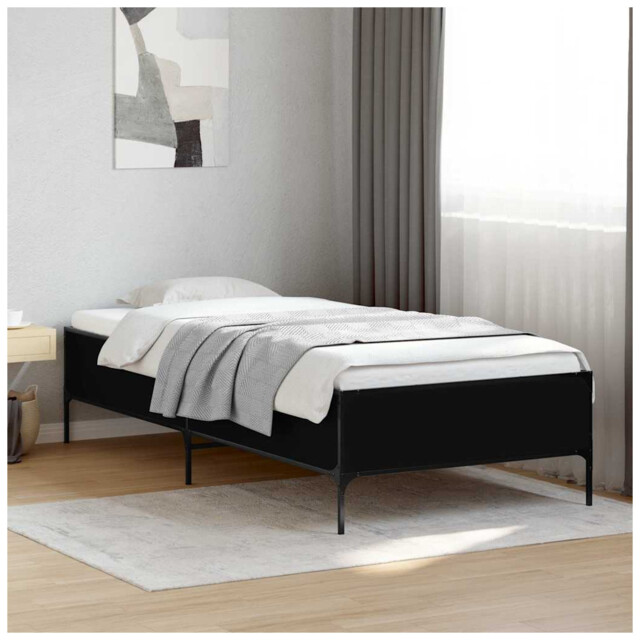 Bed Frame Black 100x200 Cm Engineered Wood With Metal Legs & Plywood