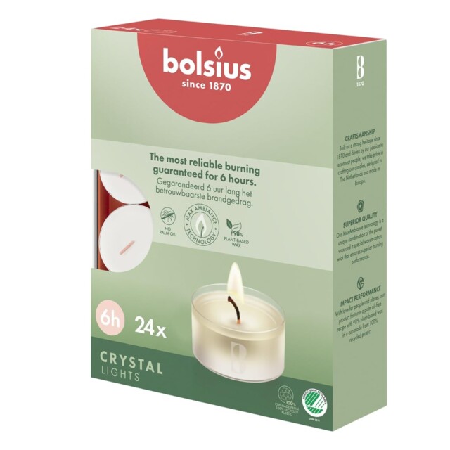Bolsius Tealight Candles - Clear Cup 24 (6 Hours), White In