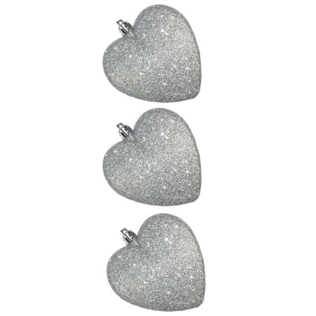 3 Pack 90mm Glitter Hearts Christmas Tree Decoration - Silver