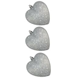 3 Pack 90mm Glitter Hearts Christmas Tree Decoration - Silver