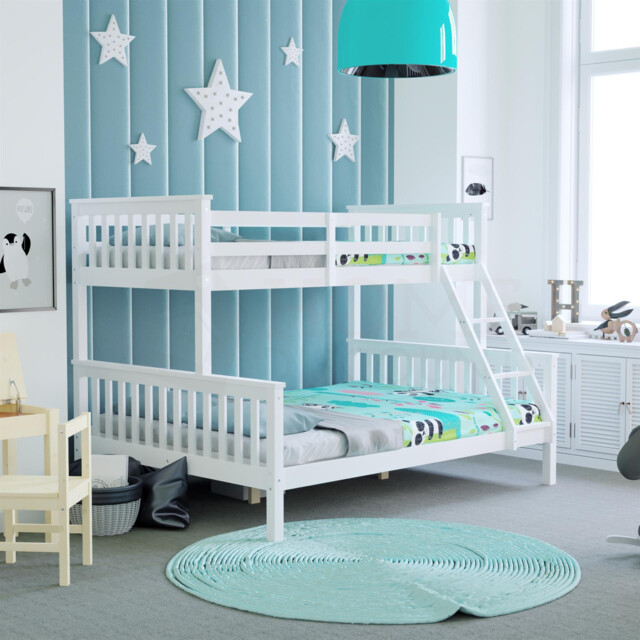 Triple Sleeper Bunk Bed Solid Wooden Frame Kids Double & Single 4ft6
