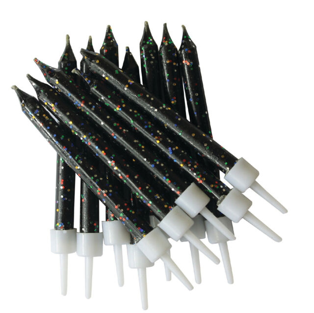 Black Cake Candles 12pk Glitter 7.5cm Happy Birthday Party Decoration