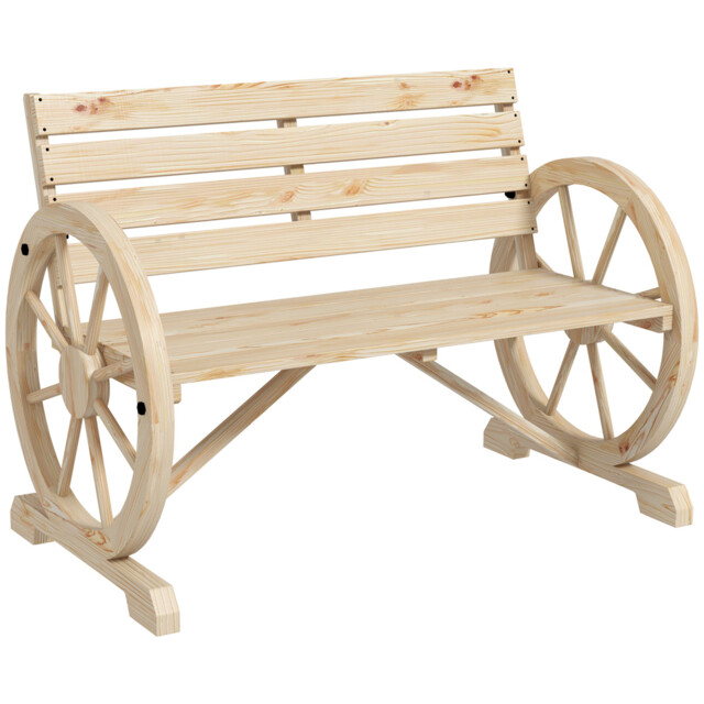Outsunny 2 Seater Garden Bench With Wooden Cart Wagon Wheel Natural