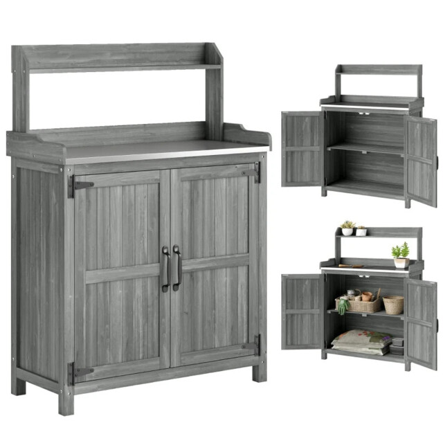 Wooden Potting Bench Table W/ Aluminium Worktop & Top Shelf Cabinet