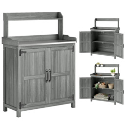 Wooden Potting Bench Table W/ Aluminium Worktop & Top Shelf Cabinet