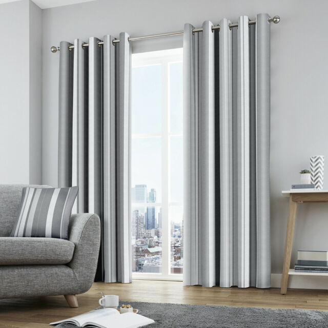Fusion Grey & White Vertical Whitworth Stripes Lined Eyelet Curtains