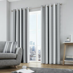 Fusion Grey & White Vertical Whitworth Stripes Lined Eyelet Curtains