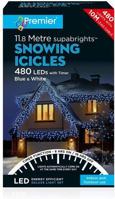 480 Led Snowing Icicle Blue/white Lights & Timer Premier