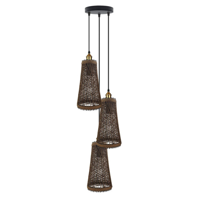 3 Head Rattan Ceiling Pendant Light Vintage Wicker Basket Hanging Lamp