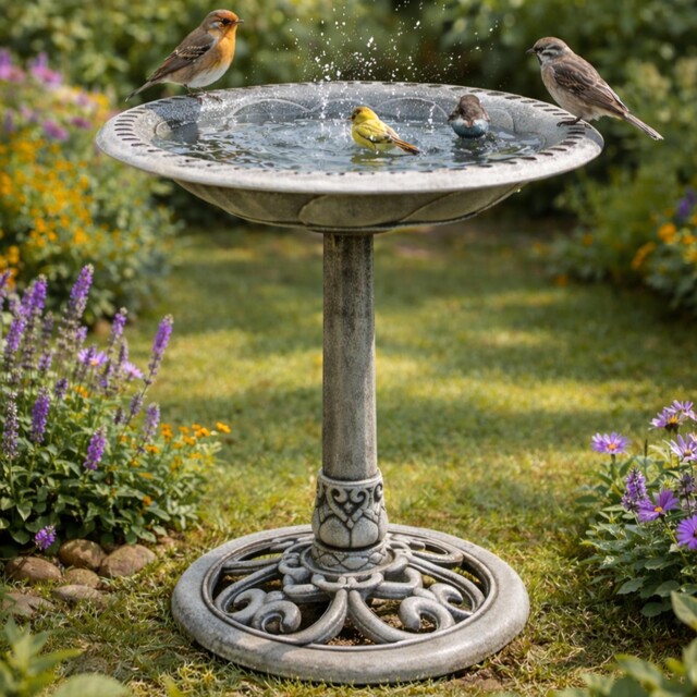 Stone Effect Plastic Pedestal Bird Bath Feeder Outdoor Garden Patio