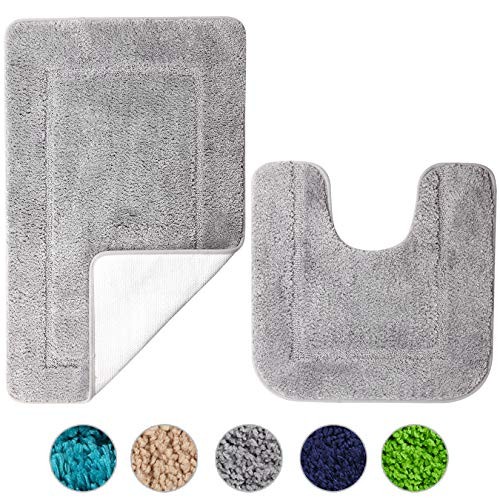 Grey Bath Mat Set Of 2, High Density Soft Microfiber Non-slip Bathroom
