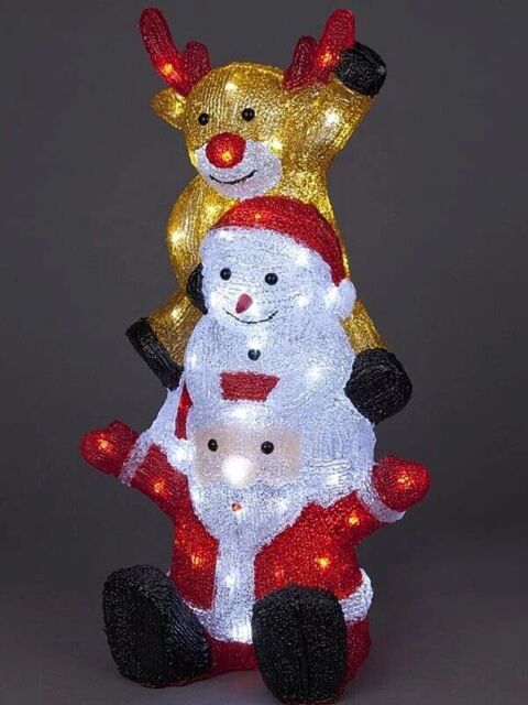 Santa Snowman And Reindeer Stacked Tower Acrylic Outdoor White Led Lit