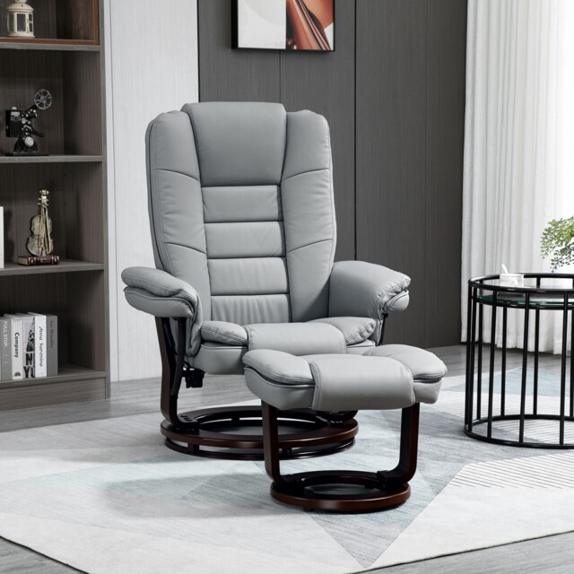 Swivel Manual Recliner And Footrest Set Pu Lounge Chair Wood Base