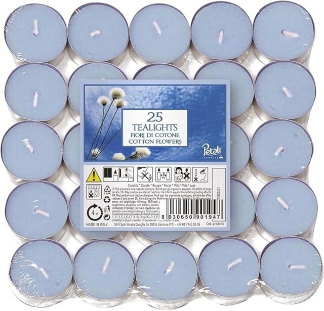Price's Scented Tealights Candles Cotton Flowers Blue Round Pack 25 4h