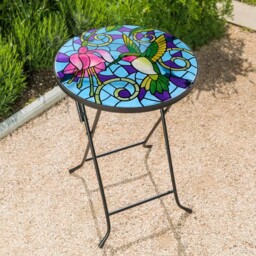 Hummingbird Glass Side Table Round Hand Painted Mosaic Foldable Home