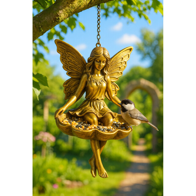 Garden Fairy Bird Feeder Gold Polyresin 70cm (23w X 20d) With Chain