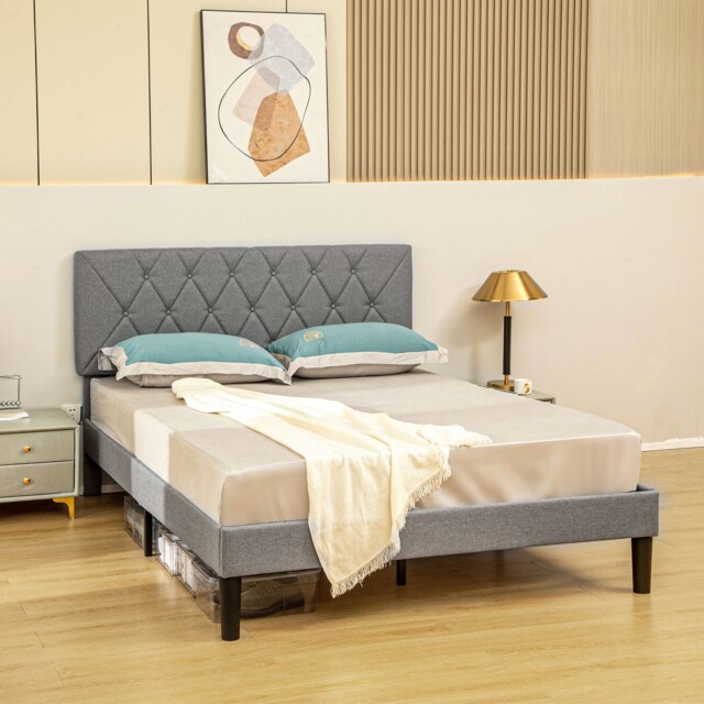 Homcom Double Bed Frame With 5-level Adjustable Linen Headboard