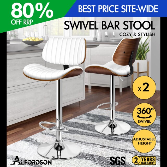 Alfordson 2x Bar Stool Swivel Padded Back Wooden Gas Lift Kitchen