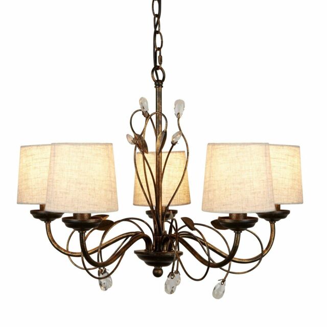 Searchlight 5 Light Pendant Ceiling Light Crystals Shades Brushed Gold
