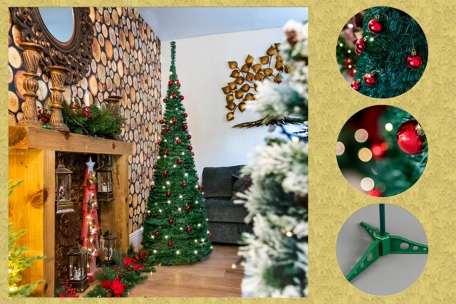 4ft Pre Lit Christmas Tree Pop Up Led Lights Red Baubles Indoor Xmas
