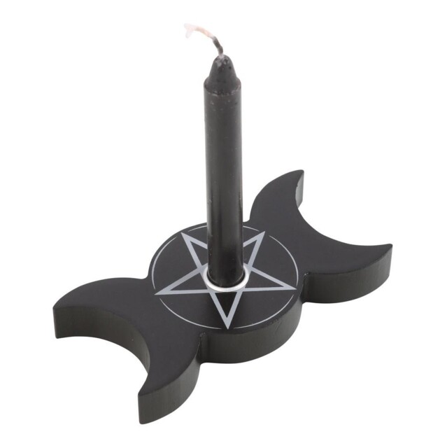 Spell Candle Holders – Pentagram & Triple Moon, Natural Wooden Or