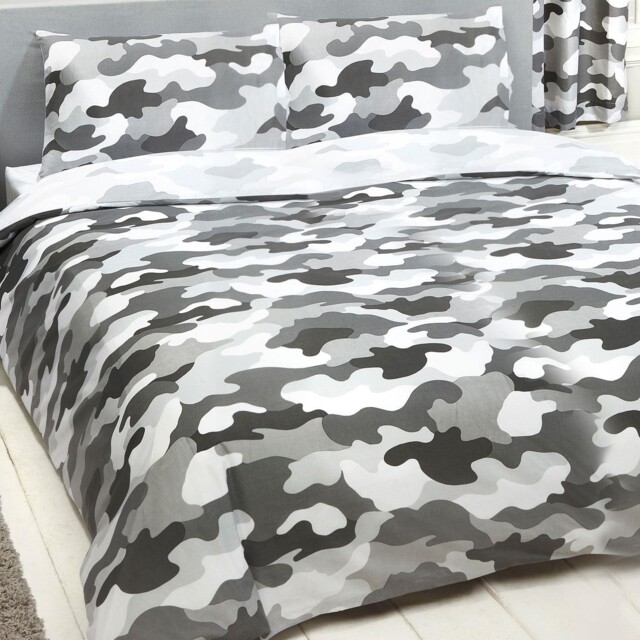 Army Camouflage Grey Double Duvet Cover & Pillowcase Set Boys Camo