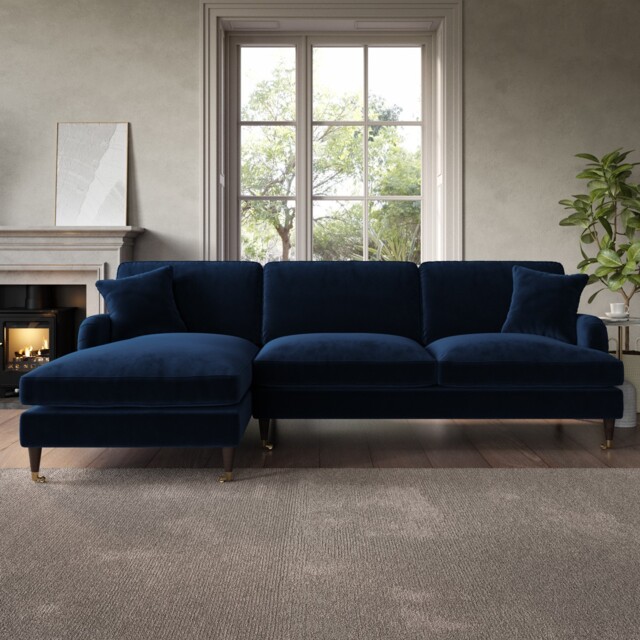 Navy Velvet L Shaped Sofa 3 Seater Left Hand Facing Saddle Arms