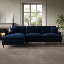 Navy Velvet L Shaped Sofa 3 Seater Left Hand Facing Saddle Arms