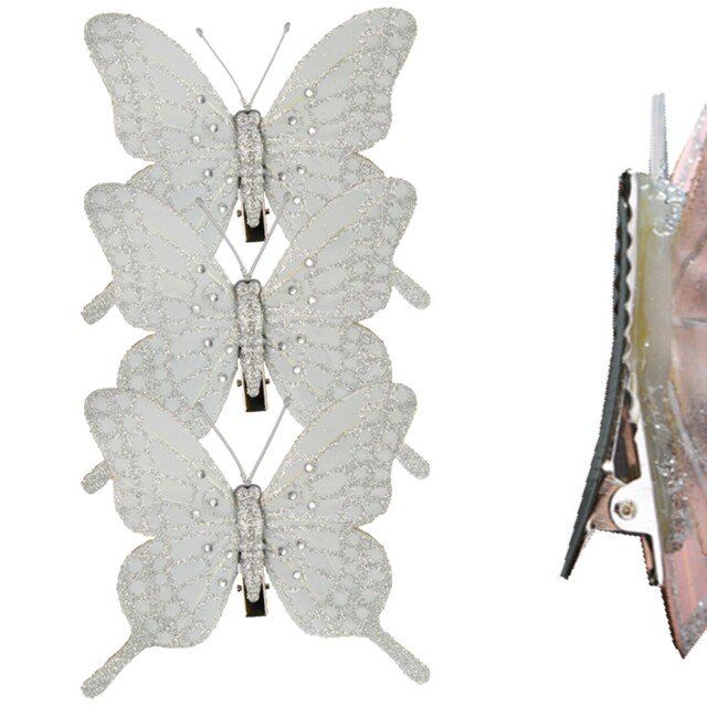 Christmas 3 Clip On Feather Butterfly - Glitter Tree Decoration -
