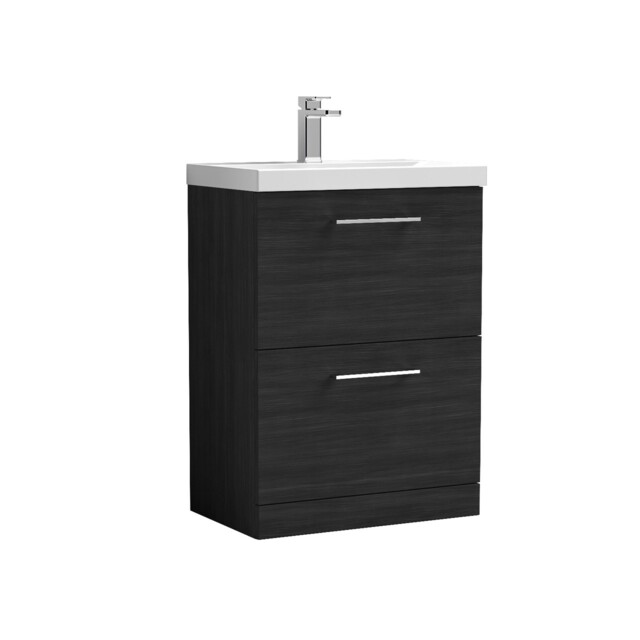 Nuie Arno Charcoal Black Woodgrain 600mm 2 Drawer Vanity Unit And Thin