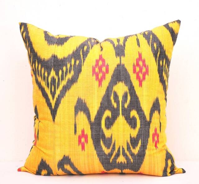 Gold Ikat Pillow Cover, Handmade Silk Cotton Cushion - 20x20 - image 1