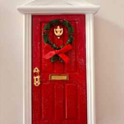 Christmas Elf Fairy Door, Wooden Red Miniature Wall Decor - thumbnail 3