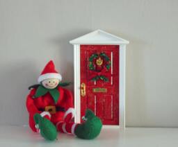 Christmas Elf Fairy Door, Wooden Red Miniature Wall Decor - thumbnail 1