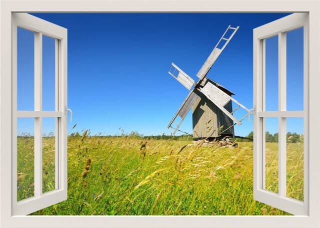 Windmill Wall Decal, 3D Window View Mural, Sticker Frame, Nature Decal For Home Decor