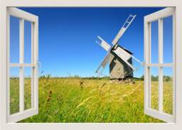 Windmill Wall Decal, 3D Window View Mural, Sticker Frame, Nature Decal For Home Decor