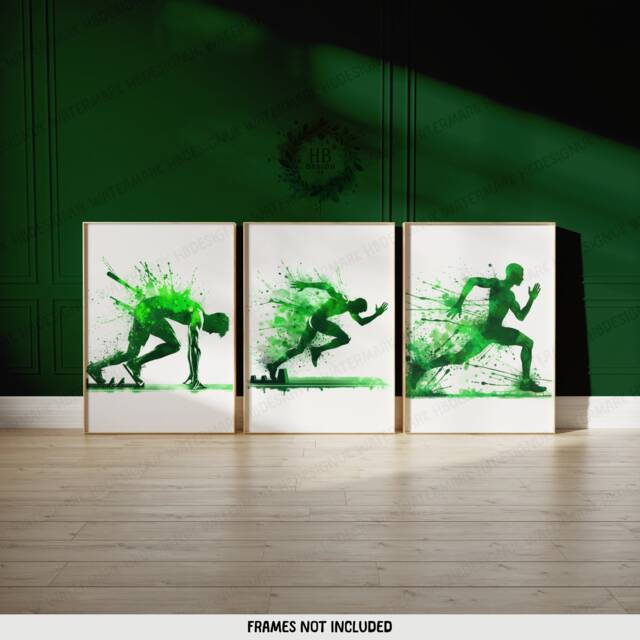 Green Athletics Print Set - Of 3 Runner Posters - Sprinter Art Painting Decoration Decor Running Wall Poster Gift Run Gifts - image 1