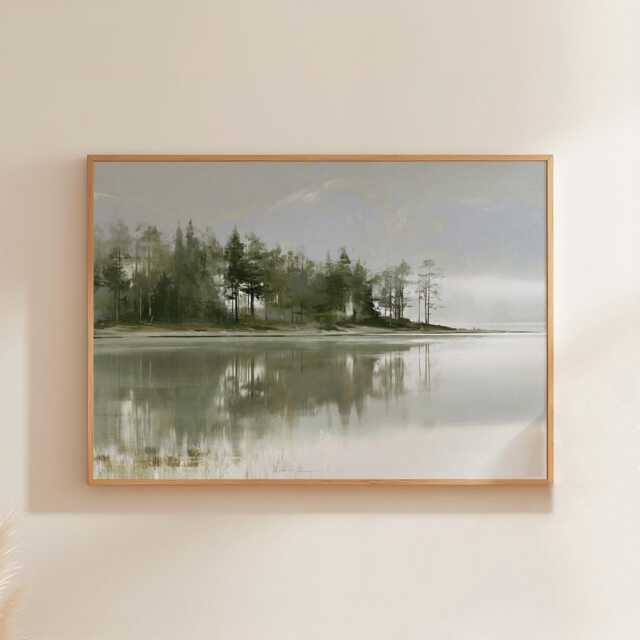 Misty Lake Landscape Poster, Pine Forest Paper Wall Art - image 1
