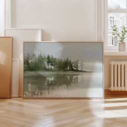 Misty Lake Landscape Poster, Pine Forest Paper Wall Art - thumbnail 3