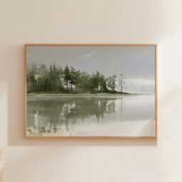 Misty Lake Landscape Poster, Pine Forest Paper Wall Art - thumbnail 1