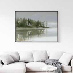 Misty Lake Landscape Poster, Pine Forest Paper Wall Art - thumbnail 2
