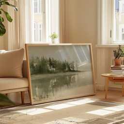 Misty Lake Landscape Poster, Pine Forest Paper Wall Art - thumbnail 4
