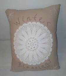 Free Shipping Winter Blessings Hand Embroidered, Farmhouse, Primitive, Country Decor Christmas Accent Pillow With Doily Embellishment - thumbnail 1