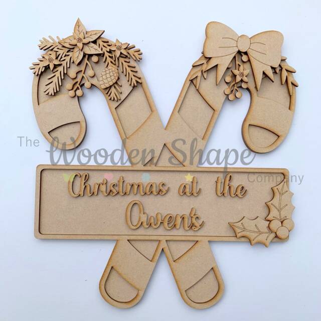Personalised Christmas At The Family Surname Craft Kit Layered Mdf Candy Cane Sign 30cm