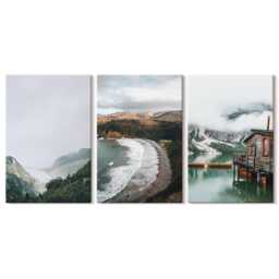 Set Of 3 Canvas Prints - Mountain & Beach Views With Clouds Water, Gray Wall Art Print, Landscapes Decor - thumbnail 1