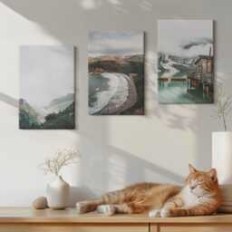 Set Of 3 Canvas Prints - Mountain & Beach Views With Clouds Water, Gray Wall Art Print, Landscapes Decor - thumbnail 2