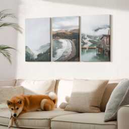 Set Of 3 Canvas Prints - Mountain & Beach Views With Clouds Water, Gray Wall Art Print, Landscapes Decor - thumbnail 3