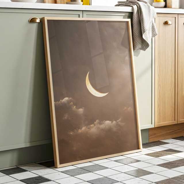 Soft Sickle Moon - Neutral Crescent Print in Taupe Sky, Dreamy Minimal Night Art For Bedroom Nursery Or Calming Home Decor - image 1