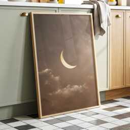 Soft Sickle Moon - Neutral Crescent Print in Taupe Sky, Dreamy Minimal Night Art For Bedroom Nursery Or Calming Home Decor - thumbnail 1